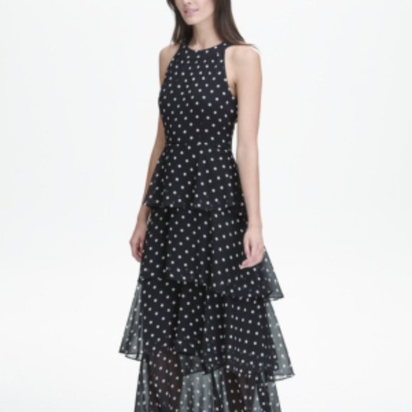 tommy hilfiger chiffon polka dot dress NEW Tommy Hilfiger Navy Blue White Polka Dot Tiered Ruffle Chiffon A-Line Dress
